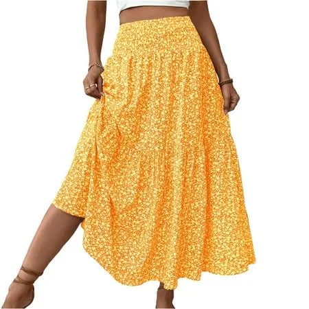 skirt Women's Casual Boho Floral Smocked High Waisted Tiered Maxi Skirt with Pocket Walmart - mohiass $10.55