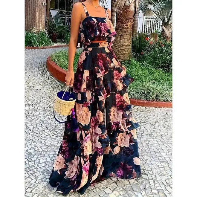 top Women's Floral Print Ruffle Trim Two-Piece Set TikTok Shop $5.99