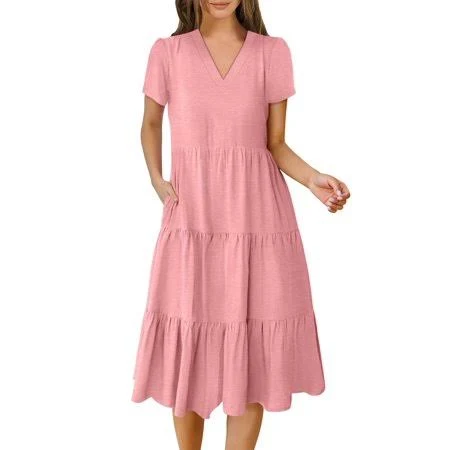 dress Women's Flowy Short Sleeve V-Neck Flowy Tiered Midi Dress Walmart - ANRABESS FASHION $29.99