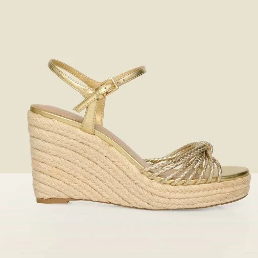 shoes Womens Sosandar Gold Metallic Plaited Strap Detail Jute Wedge Espadrilles Next USA $144