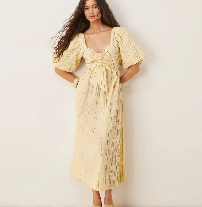dress Yas Puff Sleeve Bow Front Textured Midi Dress ASOS $104