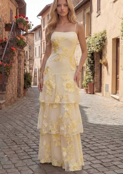 dress Zapaka Women's A-Line Spaghetti Strap Floral Embroidery Tiered Prom Dress Zapaka $129