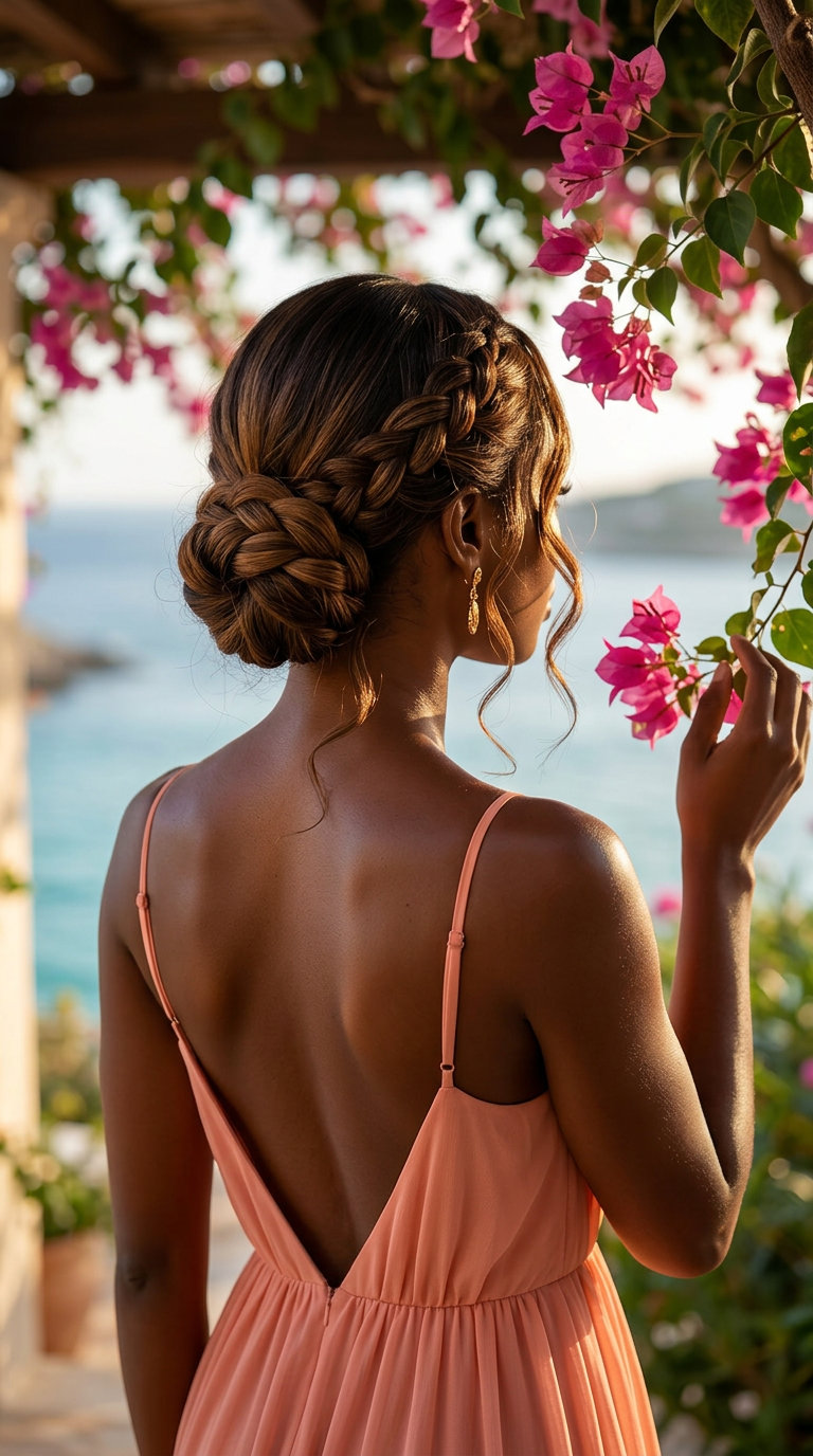 long rich brunette braided nape knot with warm honey lowlights for date night