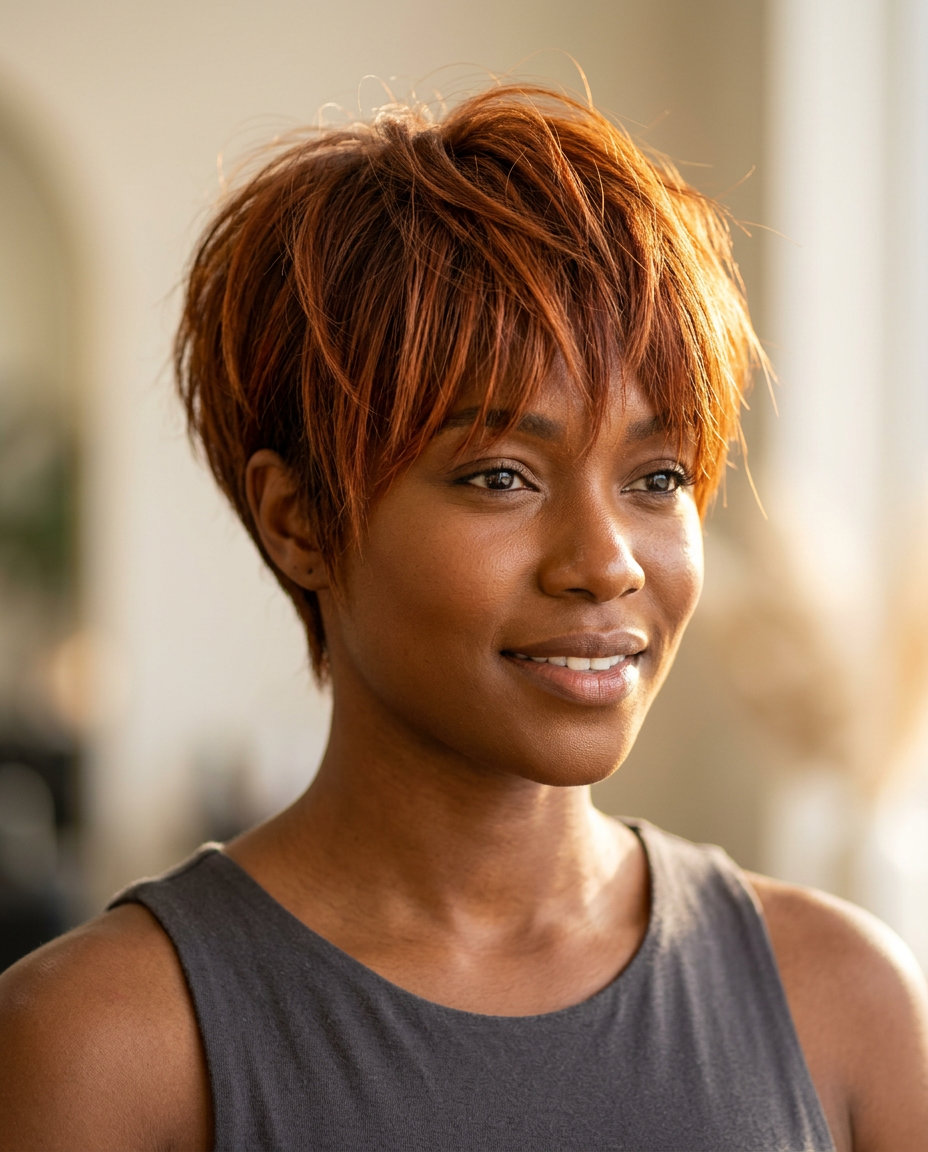 short bixie haircut with rich copper, burnt orange, eye-grazing fringe for summer