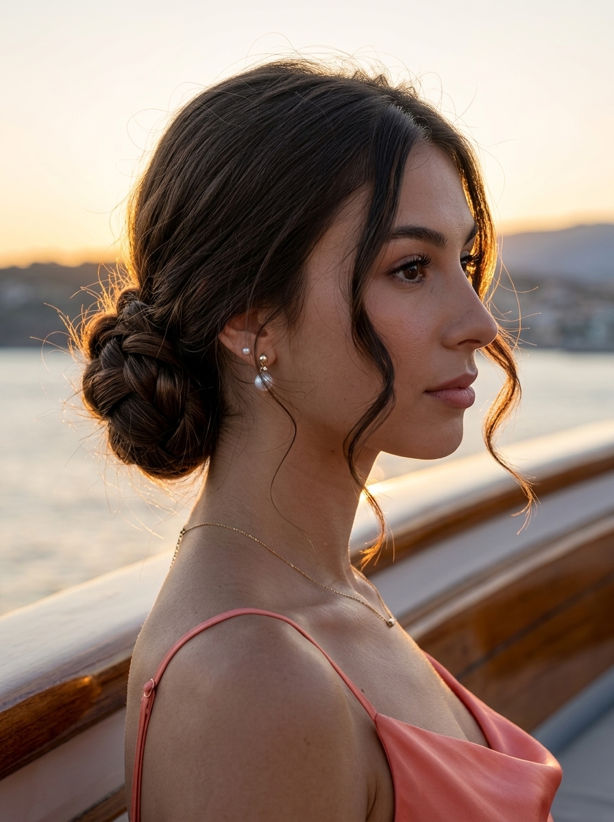 Romantic Nape Knot Braids 2026 long rich espresso brunette braided bun with face-framing tendrils for romantic