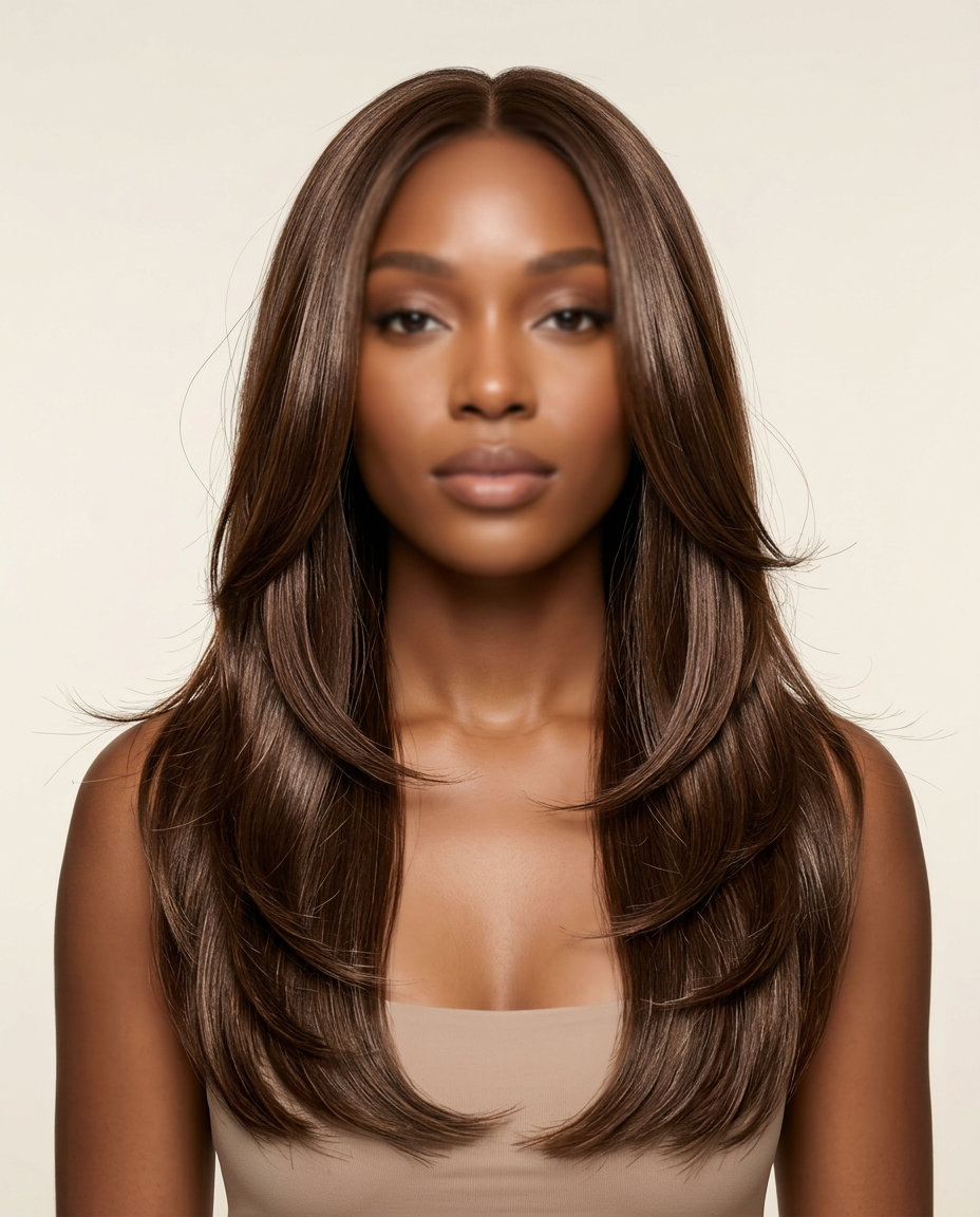 long rich mocha solid hair with balanced warm & cool undertones, high-gloss finish — polished