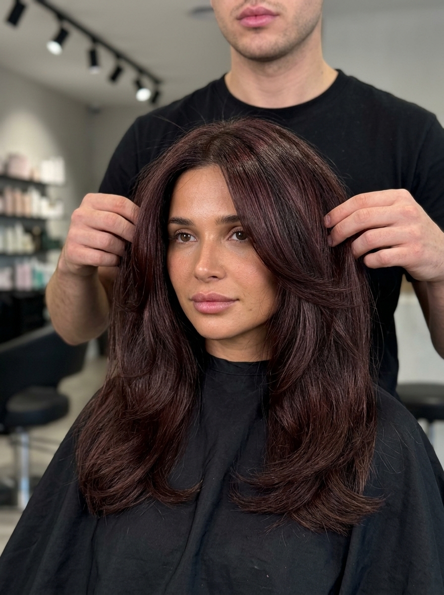 Roasted Cherry Glaze 2026 long layered brunette with deep chocolate and roasted cherry glaze, demi-permanent gloss, romantic summer hair color