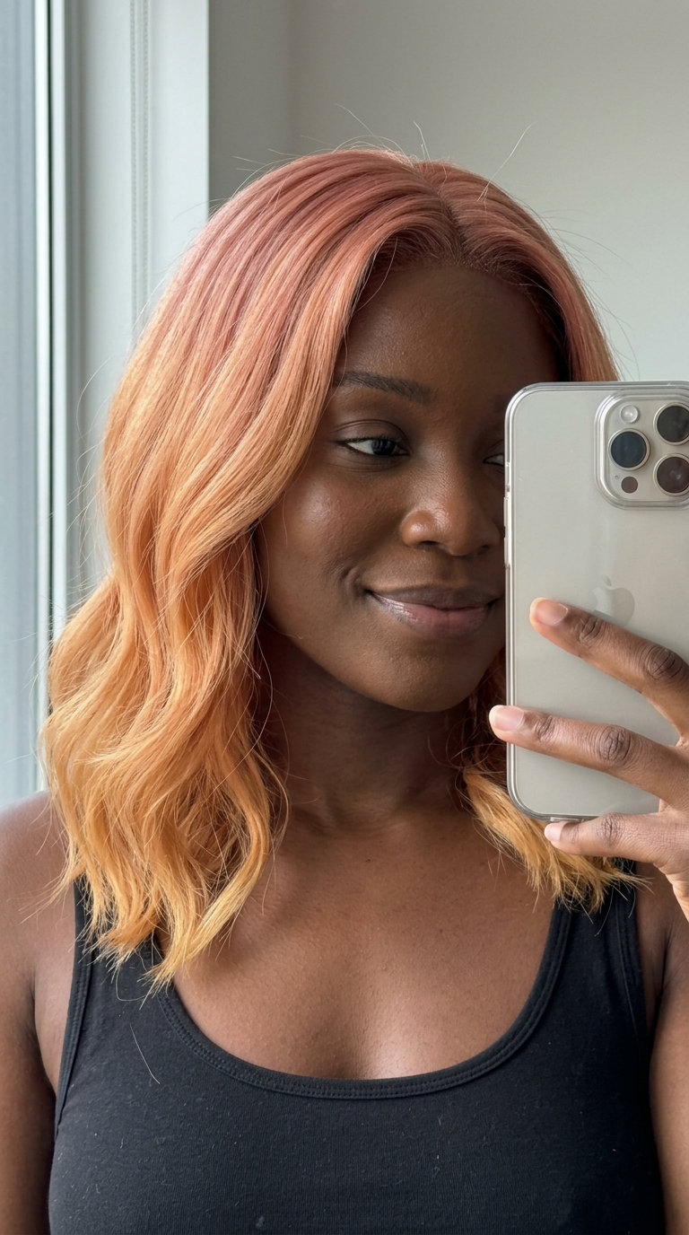 Dimensional Apricot Color Melt 2026 long apricot blonde color melt with rose apricot and peach, layered, bohemian