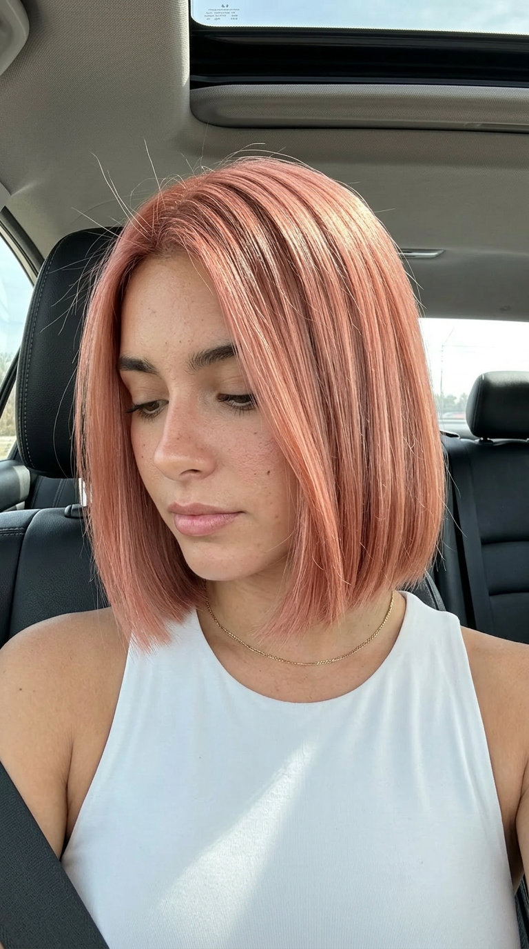 chin-length rose gold bob with blunt cut and high gloss for a modern look