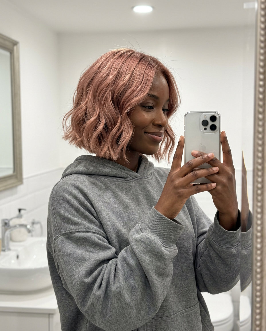 chin-length rose gold bob with soft point-cut layers and subtle face-framing for romance