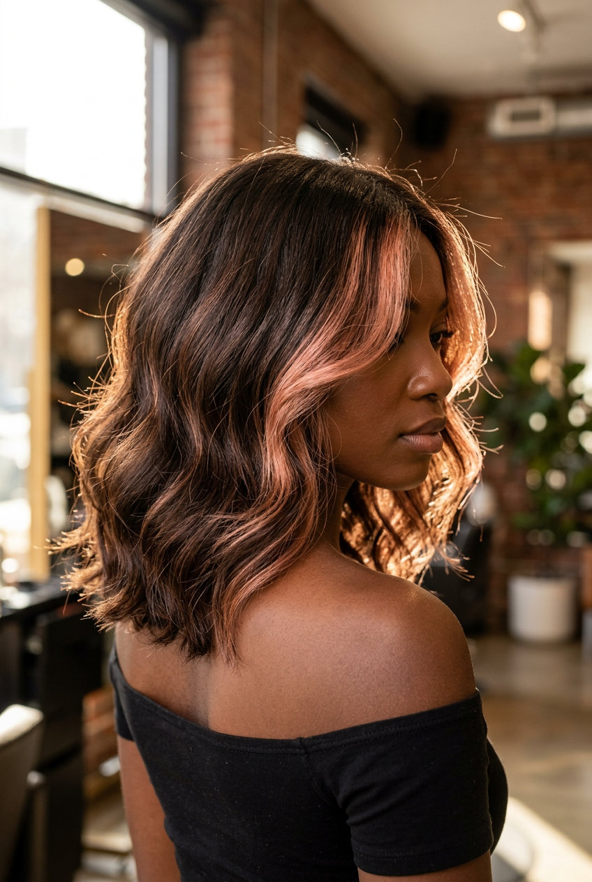 long rose gold balayage with peachy pink, face-framing highlights, no fringe — playful summer style