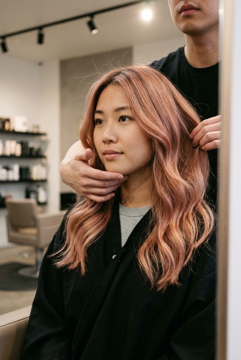 long flowing layers rose gold color melt with warm rose gold, pink and gold blend, romantic mood