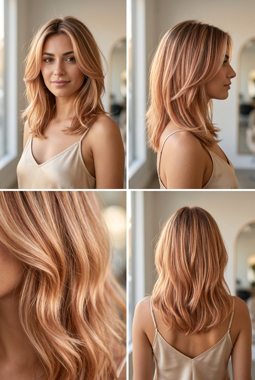 Rose Gold Apricot Foilayage 2026 long apricot blonde foilayage with rose gold and warm blonde, face-framing, romantic