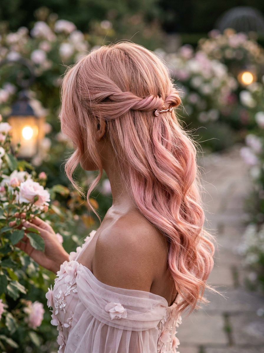 long haircut with rose gold ombré, strawberry blonde, warm blonde, seamless layers and soft face-framing for romantic look