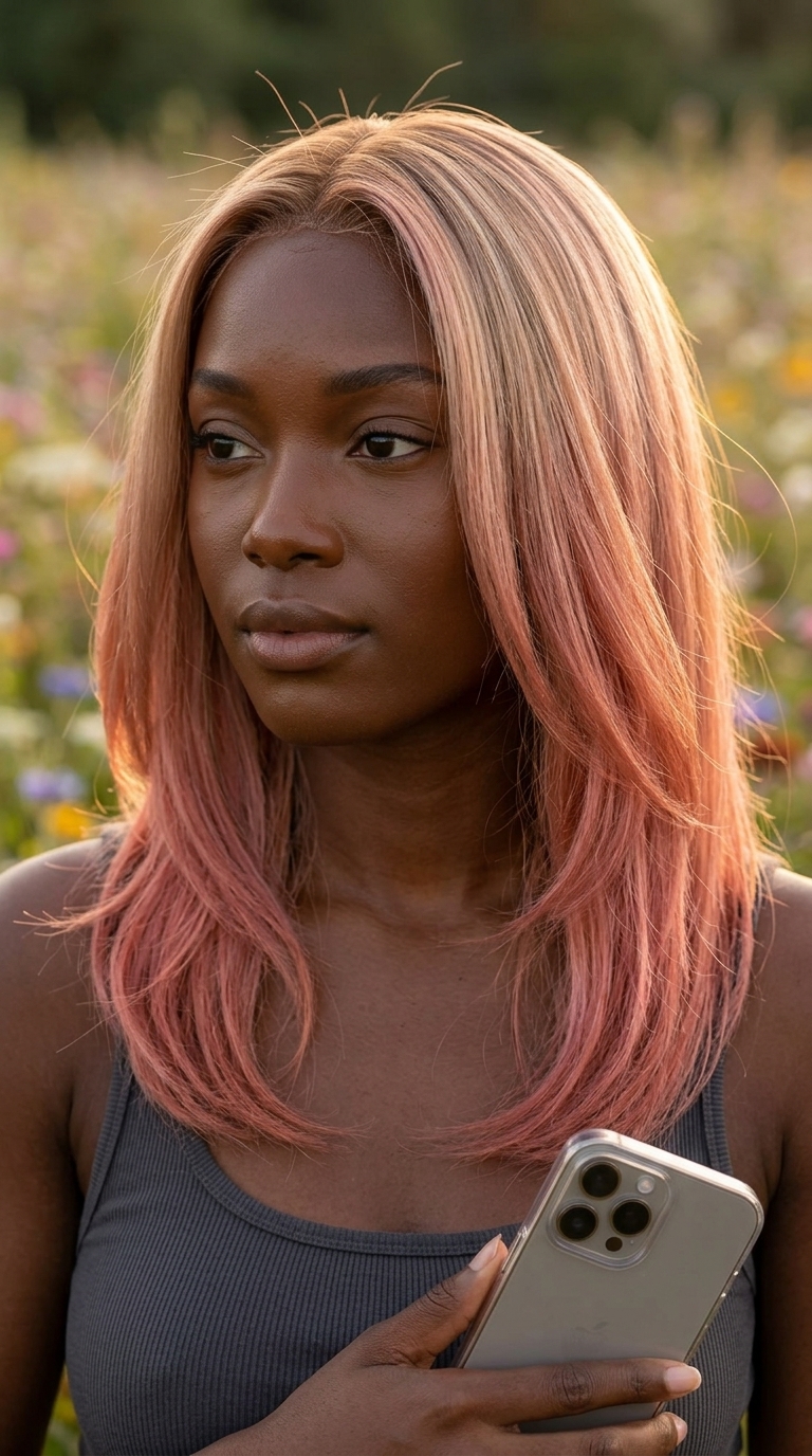 long flowing waves ethereal rose gold ombré with soft blonde to rose gold, ombré technique, romantic mood
