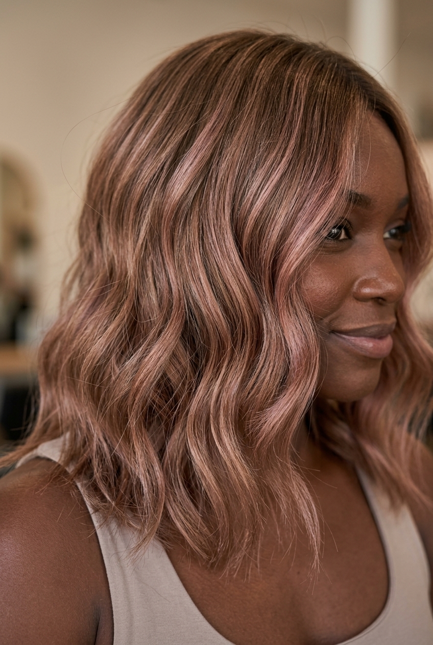 long dusty rose gold scattered highlights on dark blonde base for playful look