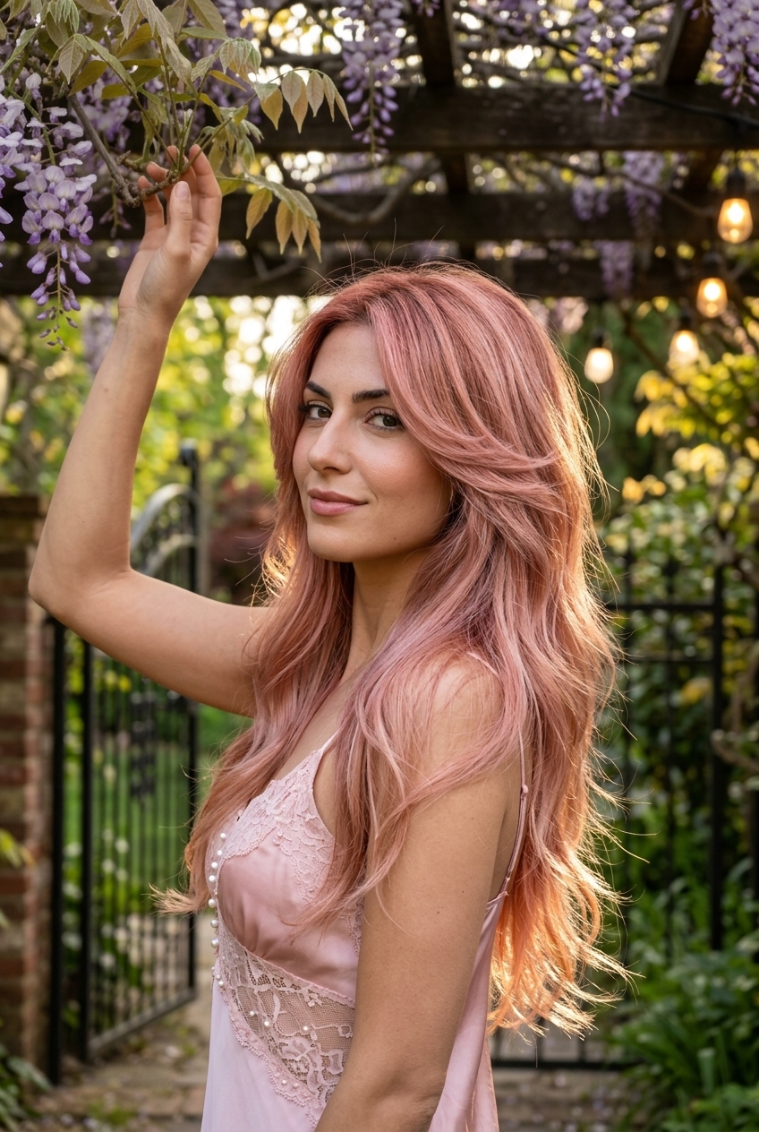 long rose gold wolf cut with flowing layers and face-framing pieces for summer