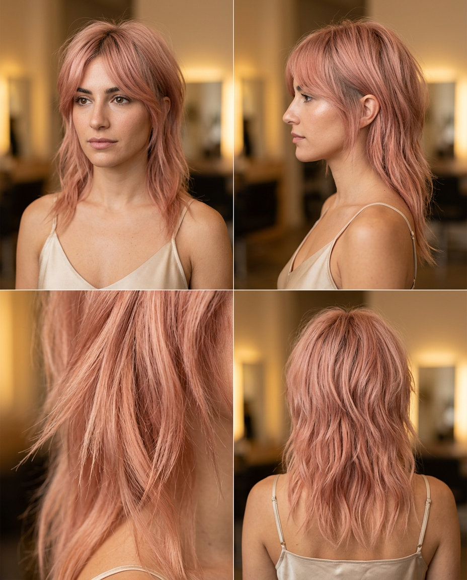 Rose Gold Mullet 2026 medium choppy summer modern mullet haircut 2026 with rose gold, light blonde root smudge, soft curtain bangs — playful & romantic