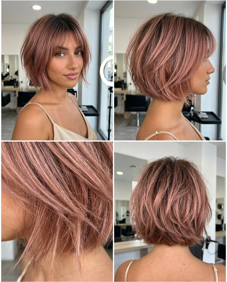 short razored micro bob haircut in dusty rose gold with platinum base for music festival