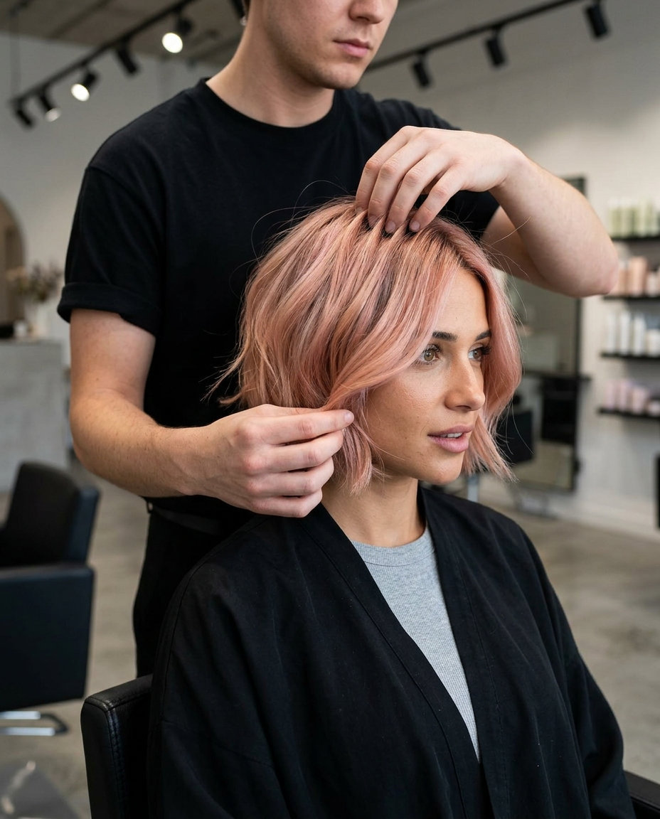 short french bob haircut in rose gold with pink, peach, gold tones, soft graduated layers, no bangs — romantic