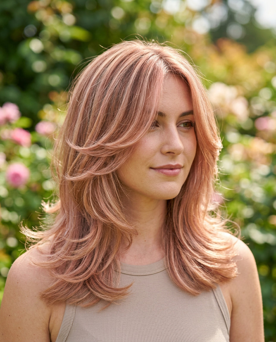 shoulder-length rose gold butterfly haircut with metallic sheen, layered cut — romantic garden party