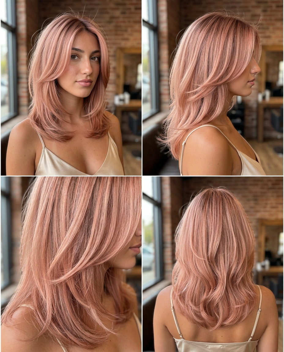 shoulder-length layered haircut with rose gold, C-cut layers, no fringe — romantic dreamy