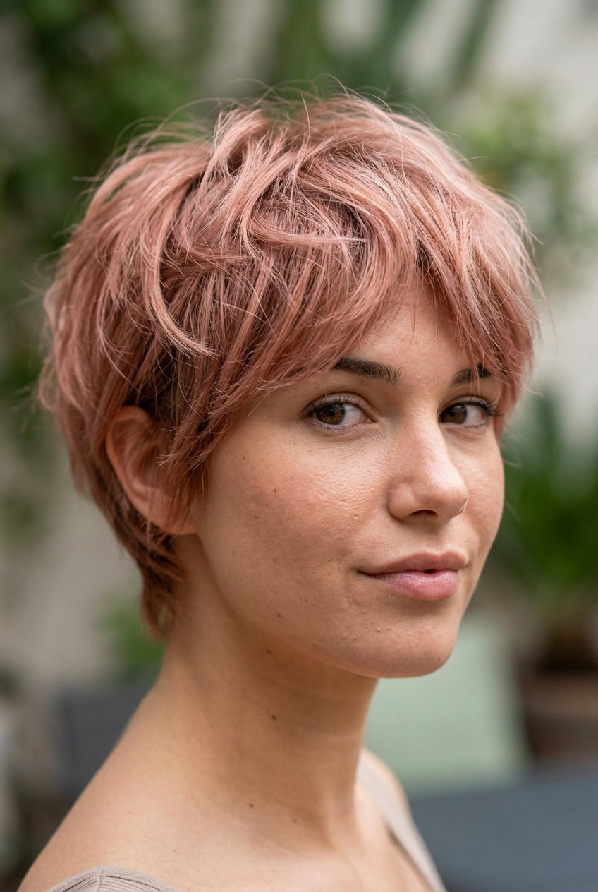 very short pixie haircut in pastel rose gold, choppy layers with tapered sides for music festival