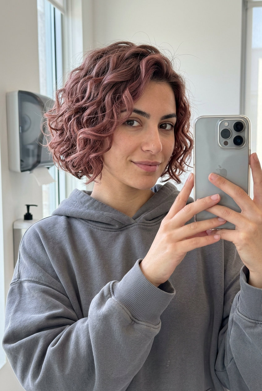 Romantic Rosewood Italian Bob for Curls 2026 short italian bob haircut in muted dusty rosewood with rose-gold undertones, layered for curls — romantic style