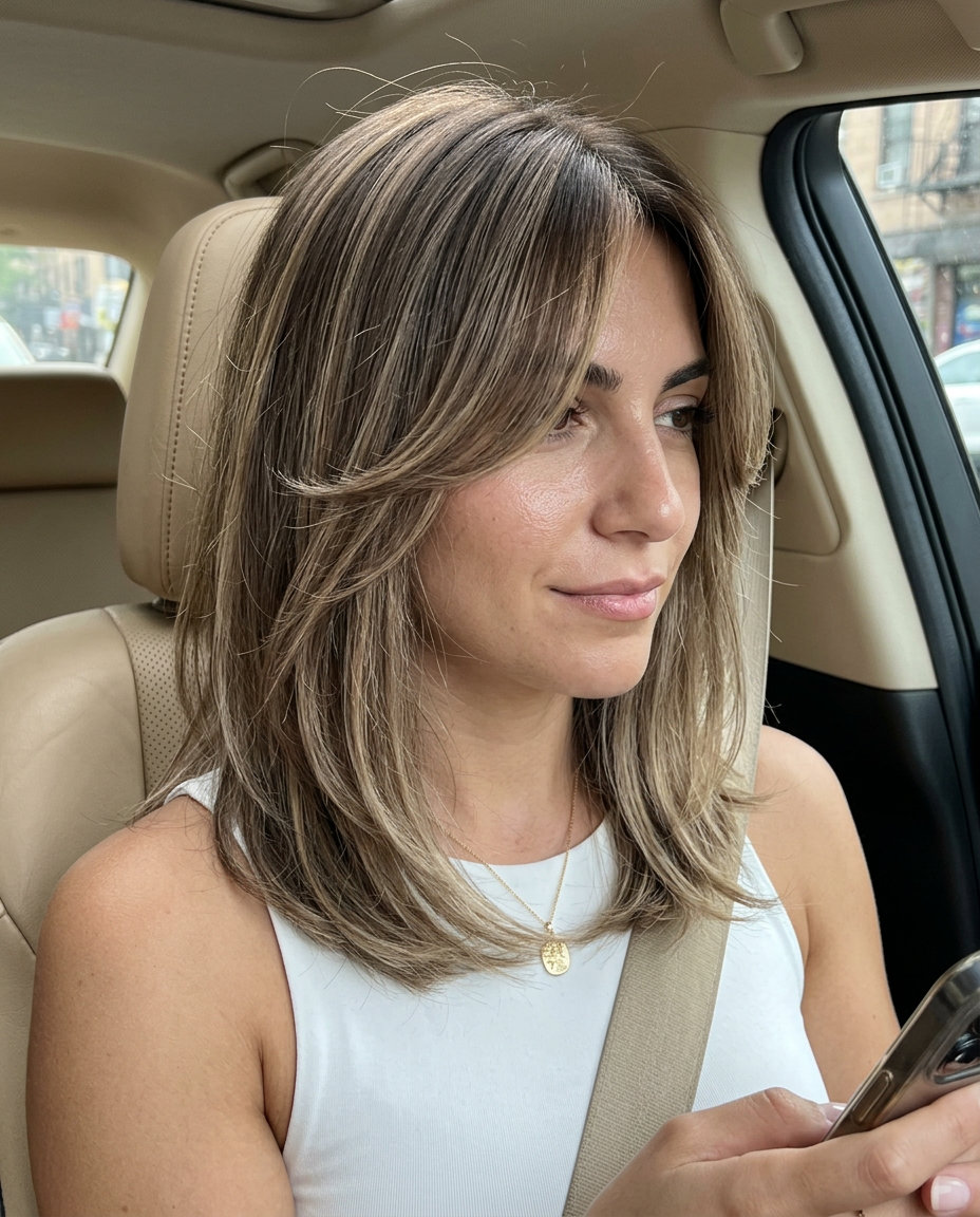 long bob salted caramel hair color with cool brunette & sandy caramel, balayage, curtain bangs — romantic bohemian style