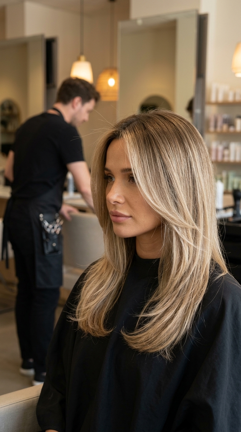 long layered sand beige natural ombre with soft brown roots and subtle blonde ends, seamless blend — beach vacation