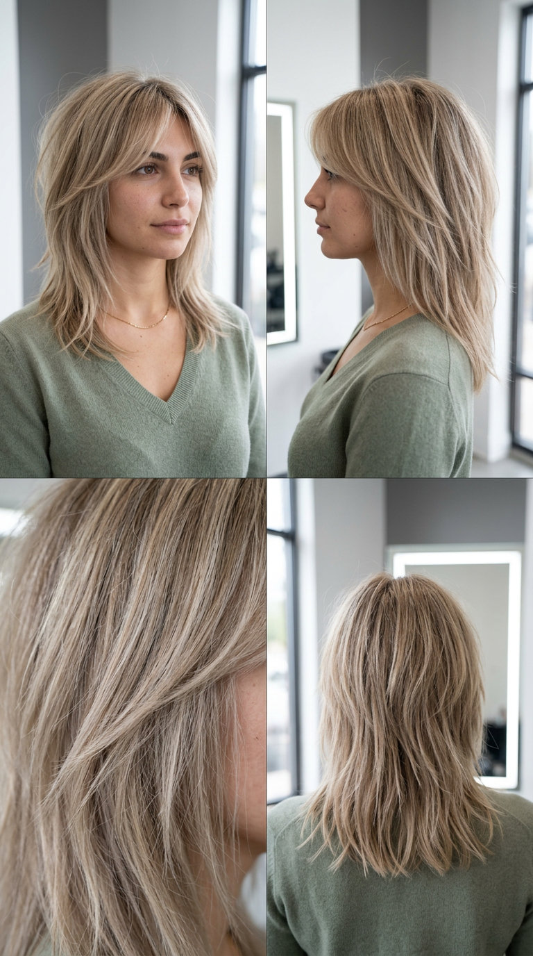 shoulder-length layered shag with sandy beige blonde and wispy fringe for summer