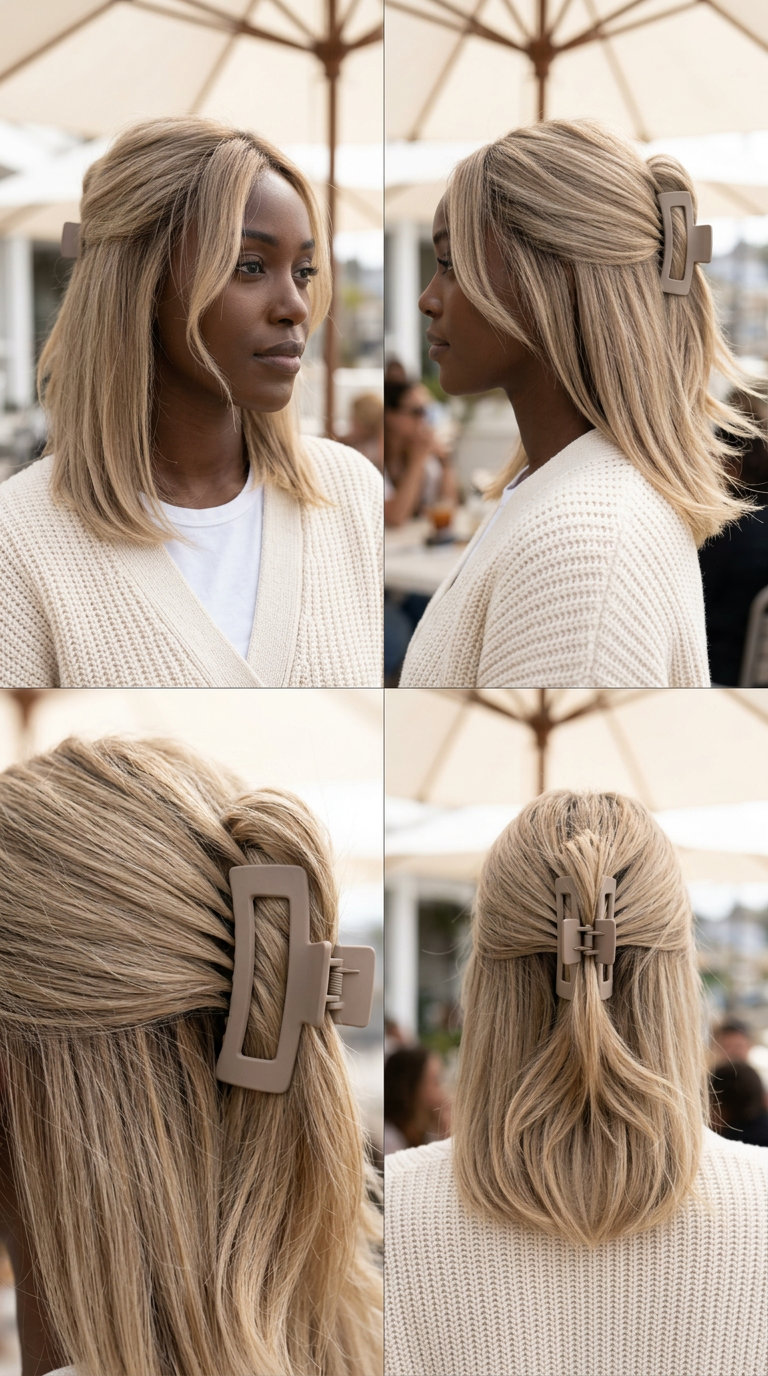 medium-length blunt cut sandy blonde half up half down with cool beige undertones, root smudge, no fringe — relaxed daily wear
