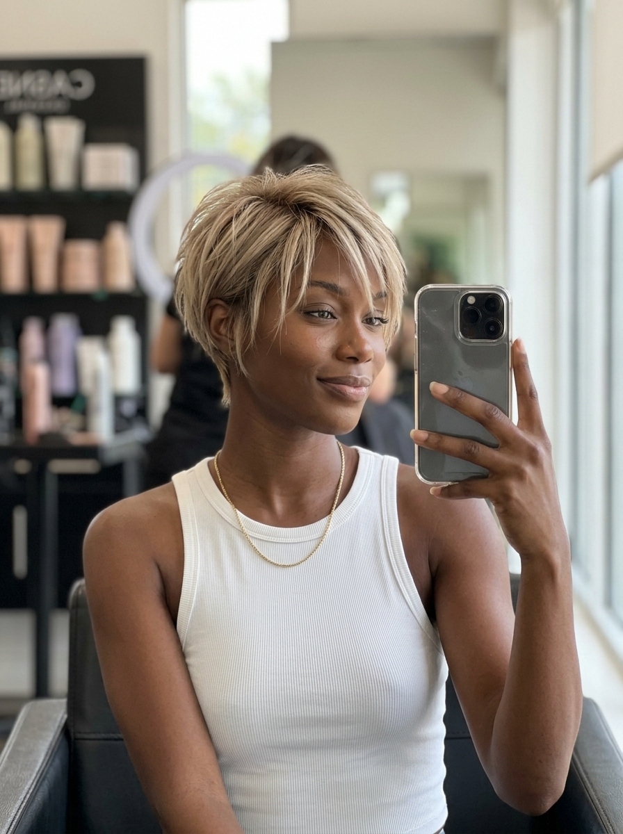 short bixie haircut with sandy blonde, cool beige, hidden undercut for summer