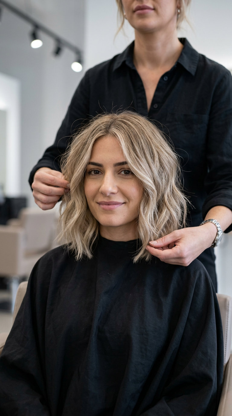 shoulder-length choppy bob haircut in sandy blonde with cool beige highlights, textured layers, no fringe — playful beach day