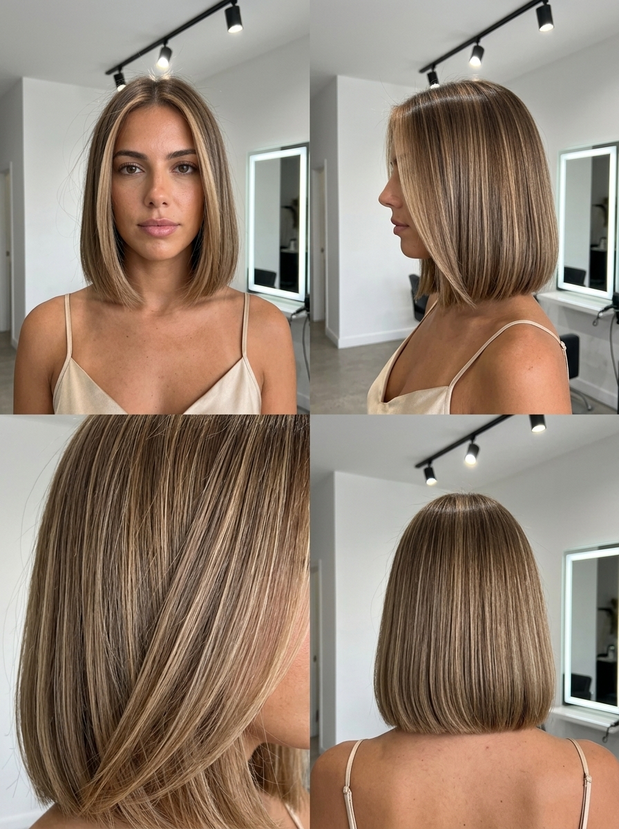 chin-length blunt bob with cool sandy caramel highlights and Scandi hairline — sophisticated