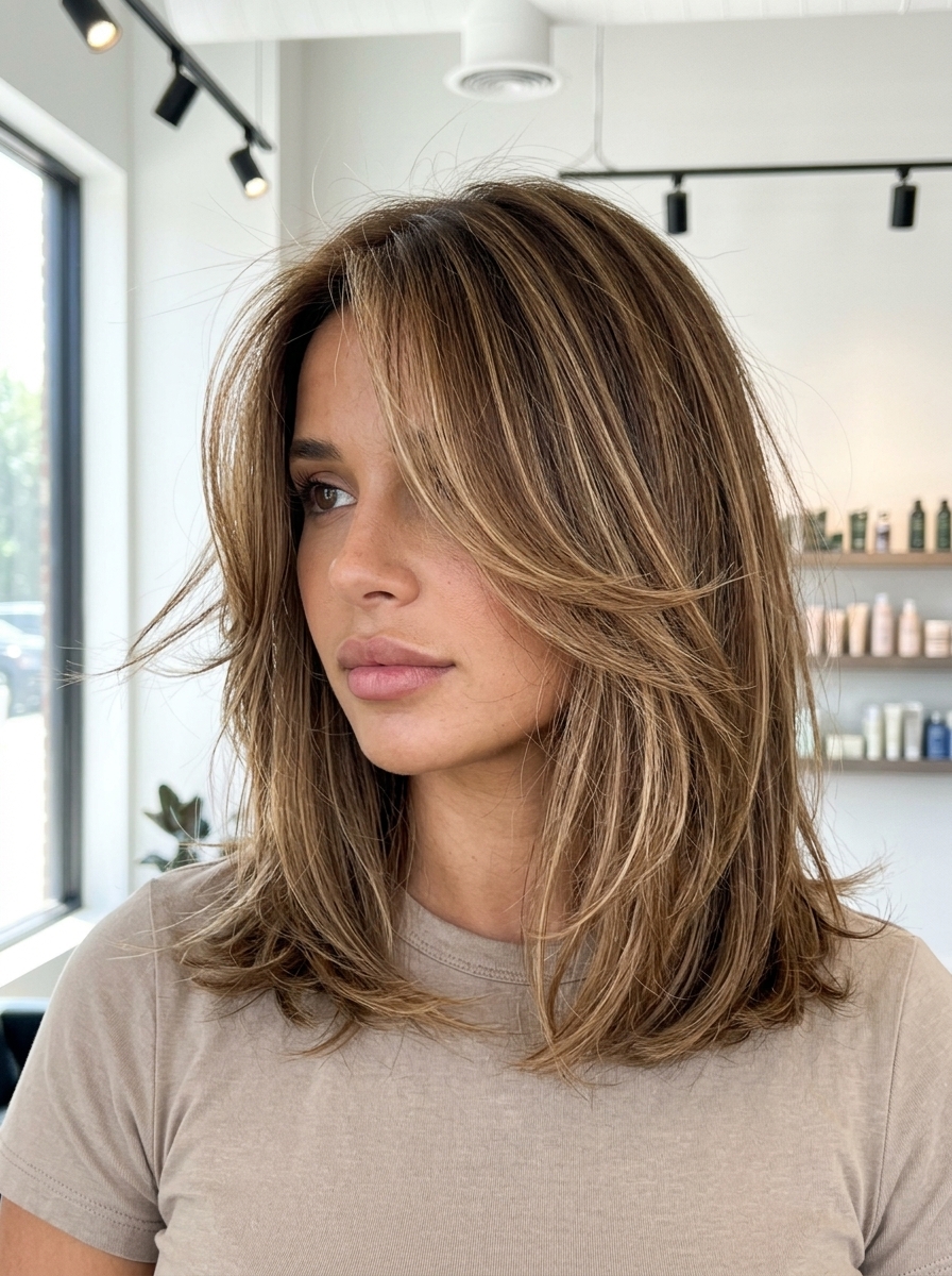 collarbone-length lob with sandy caramel highlights and wispy fringe for beach day