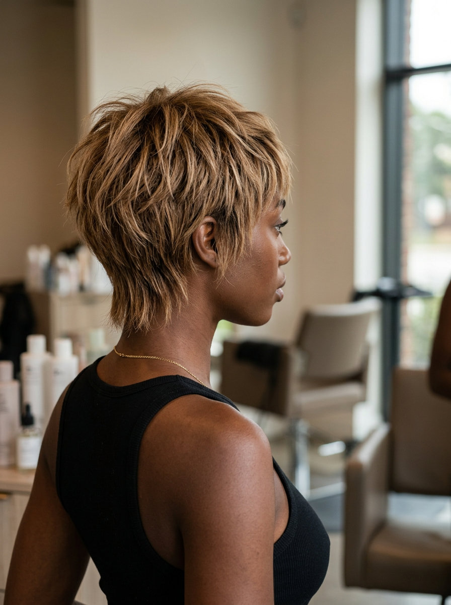 short crop sandy caramel hair color with beige-brown & sun-bleached gold, fine babylights, razored ends — edgy modern minimal look