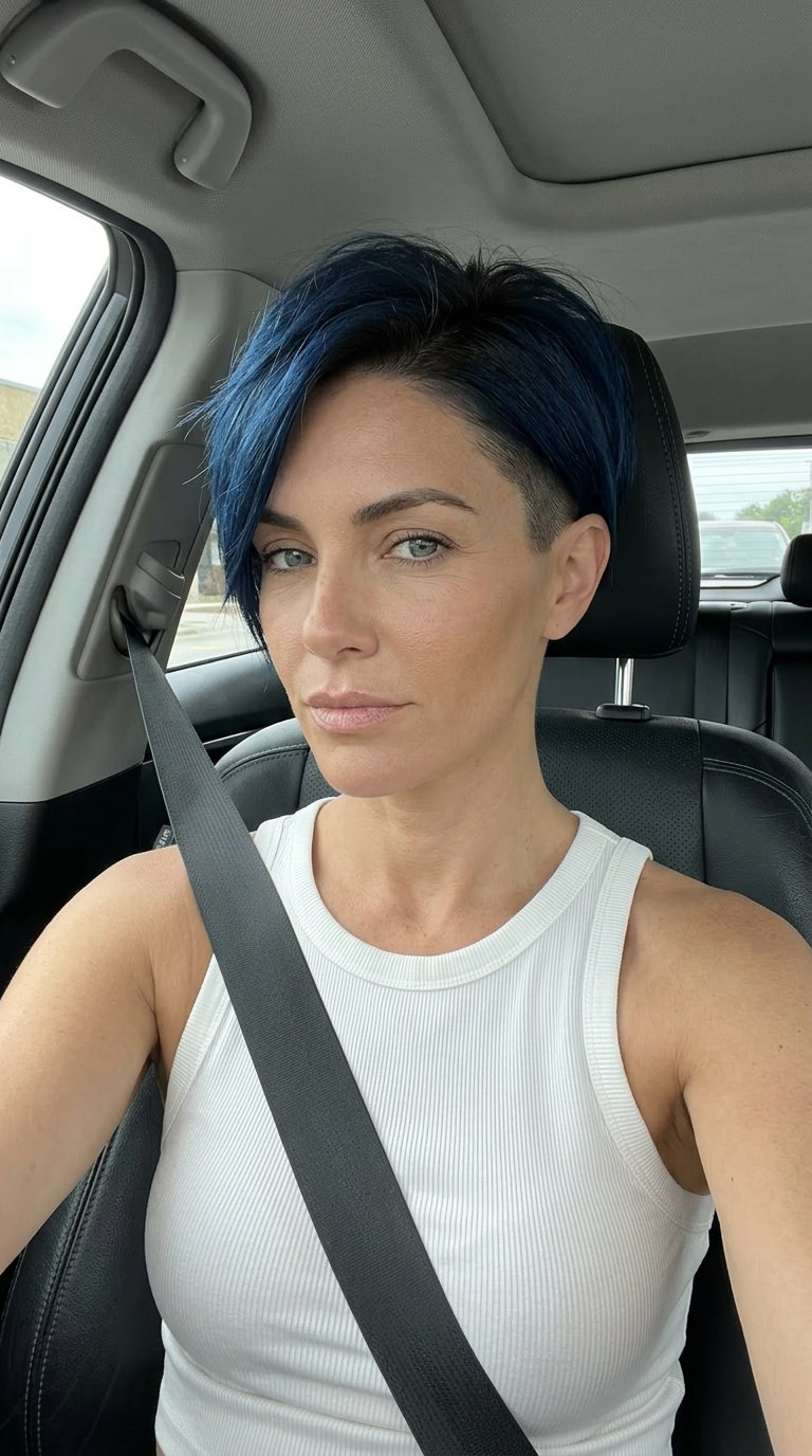 short sapphire blue pixie haircut with undercut and textured top layers for edgy style