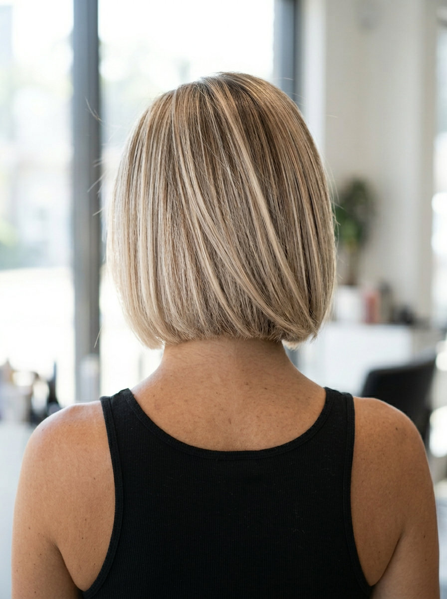 chin-length Scandi line blonde bob with icy face-frame, blunt cut, deep side part — minimalist