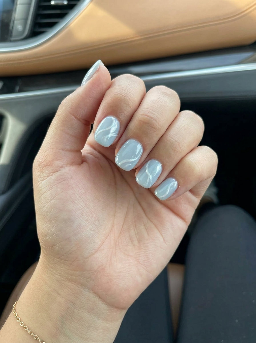 Coastal Blue Pearlescent Lines nails for shell summer nails 2026. Serene and minimalist, perfect for daily wear or work.