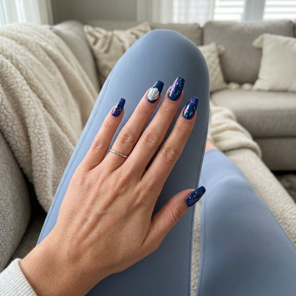 Galaxy Shell Coffin nails for shell summer nails 2026: glamorous party look with deep blue.