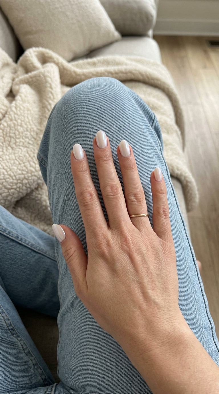 Opalescent Glazed Donut nails for shell summer nails 2026. Sheer white/pink base with pearlescent shift. Perfect for weddings.