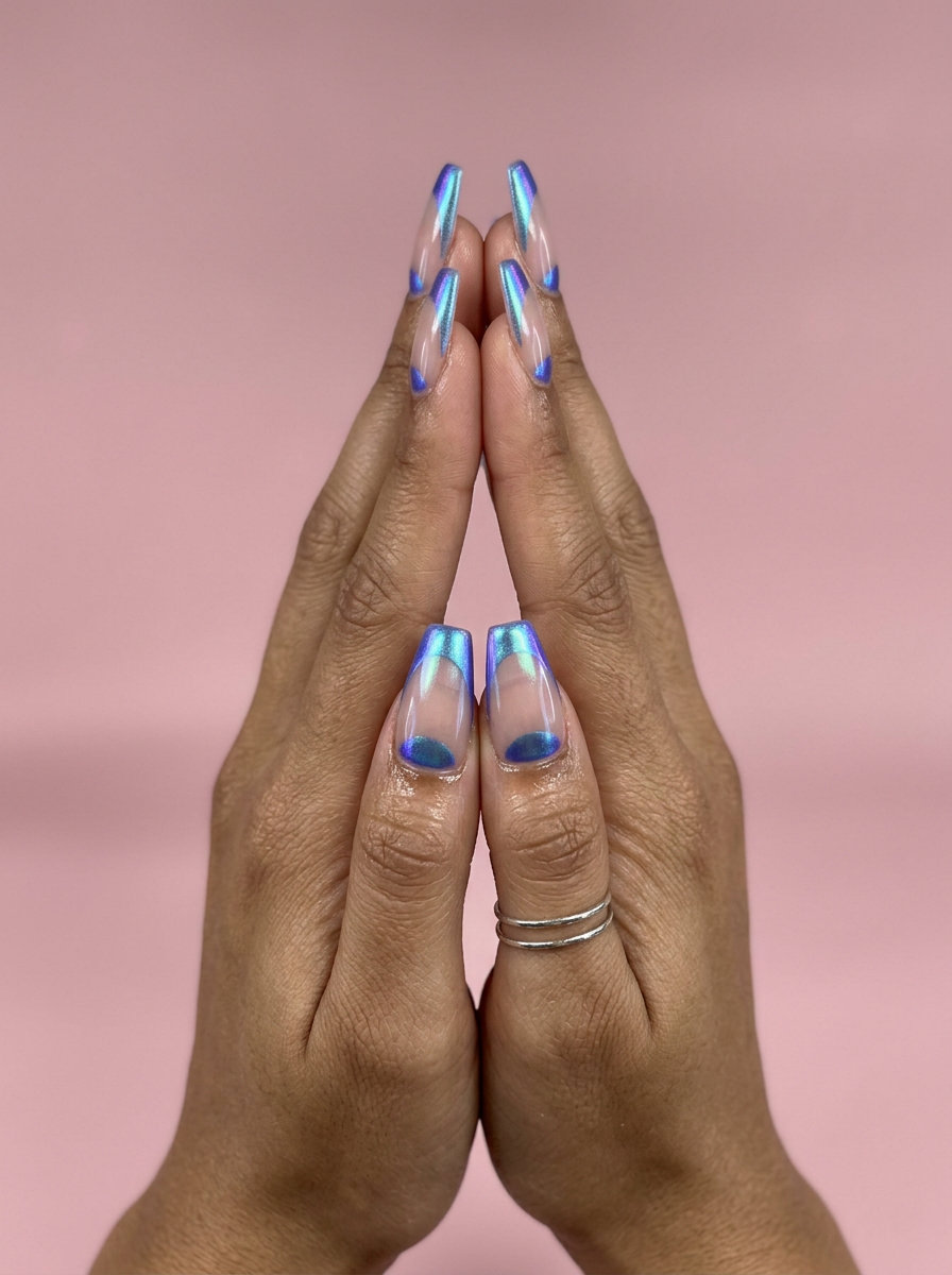 Iridescent Blue Reverse French nails for shell summer nails 2026: edgy, futuristic look.