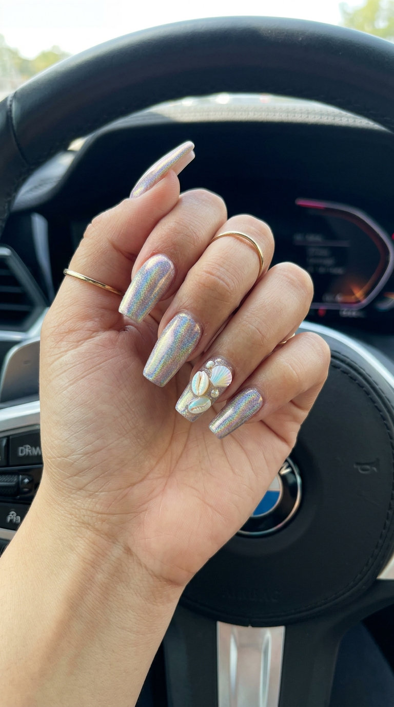 Milky Nude Sheer Oval with Shell Accent nails for shell summer nails 2026. Minimalist and bohemian for daily wear.