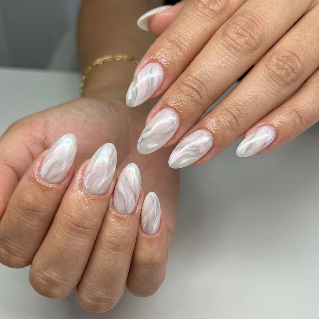 Mother of Pearl Marble Almond nails for shell summer nails 2026. Sophisticated and luxurious for formal events.