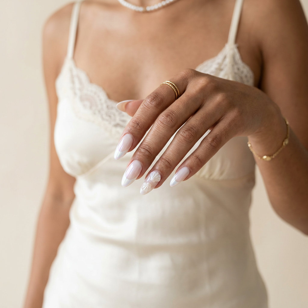Pearlescent Cloud Almond French nails for shell summer nails 2026. Romantic and ethereal for summer weddings.