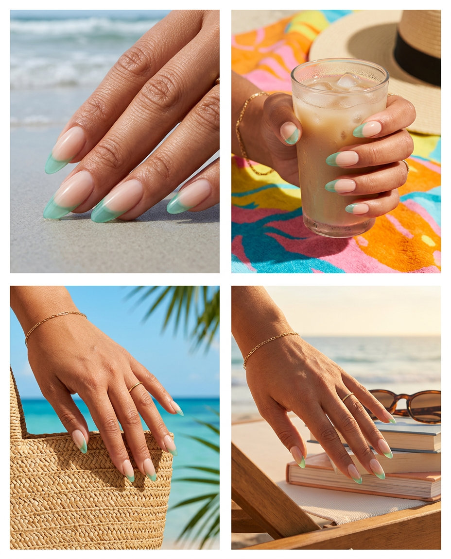 Seafoam Jelly French nails for shell summer nails 2026: long almond with translucent seafoam tips.