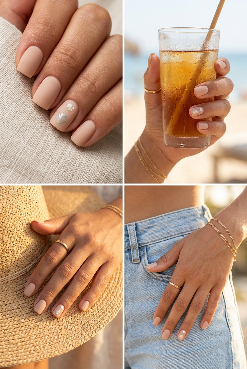 Subtle Shell Decals Square nails for shell summer nails 2026: matte nude with iridescent shell accents.