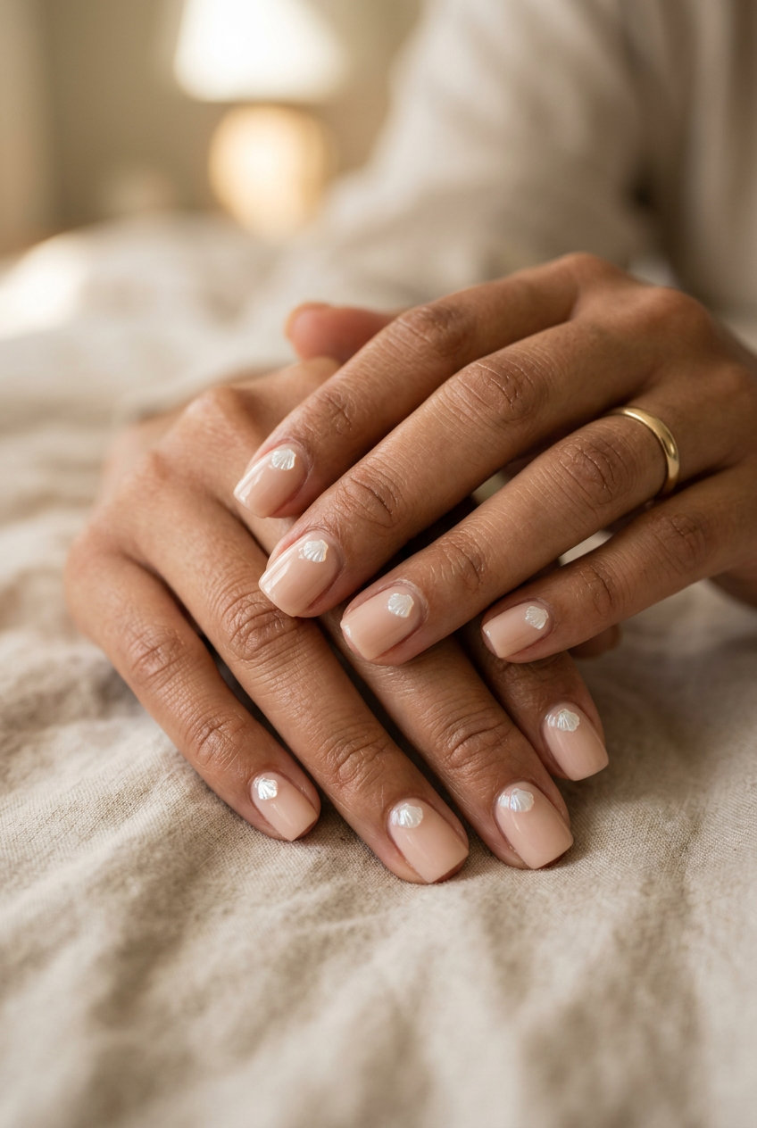 Subtle Shell Decals Square nails for shell summer nails 2026. Minimalist and chic for daily wear.