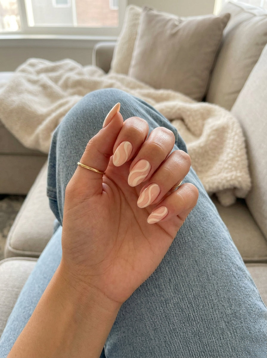 Sunrise Swirls Squoval nails for shell summer nails 2026: whimsical, relaxed vacation style.